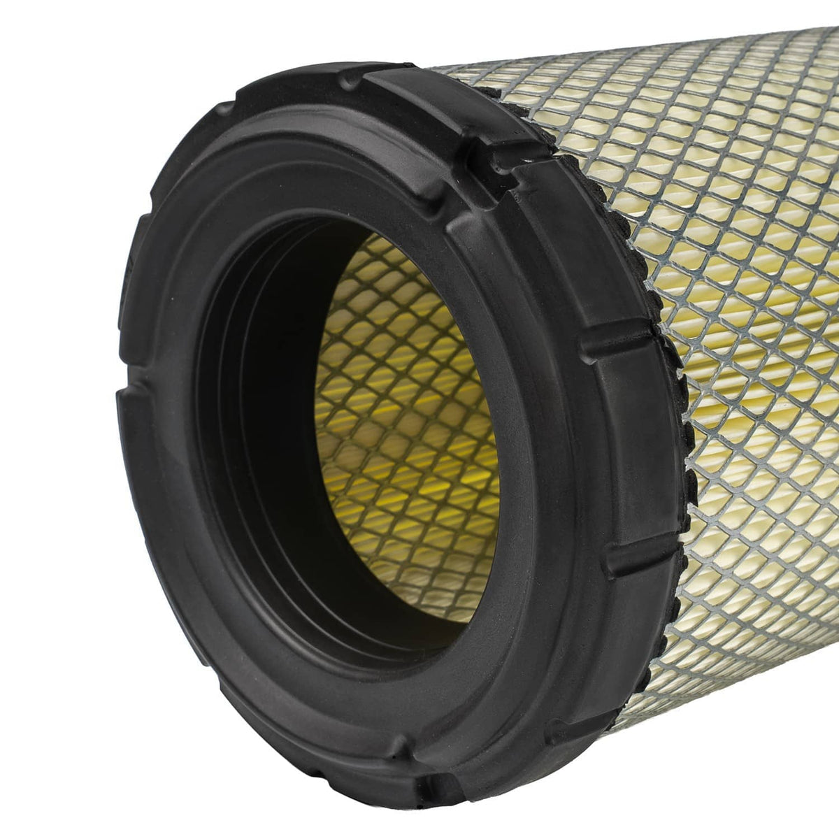 Close-up of cylindrical air filter end opening with pleated mesh filter element