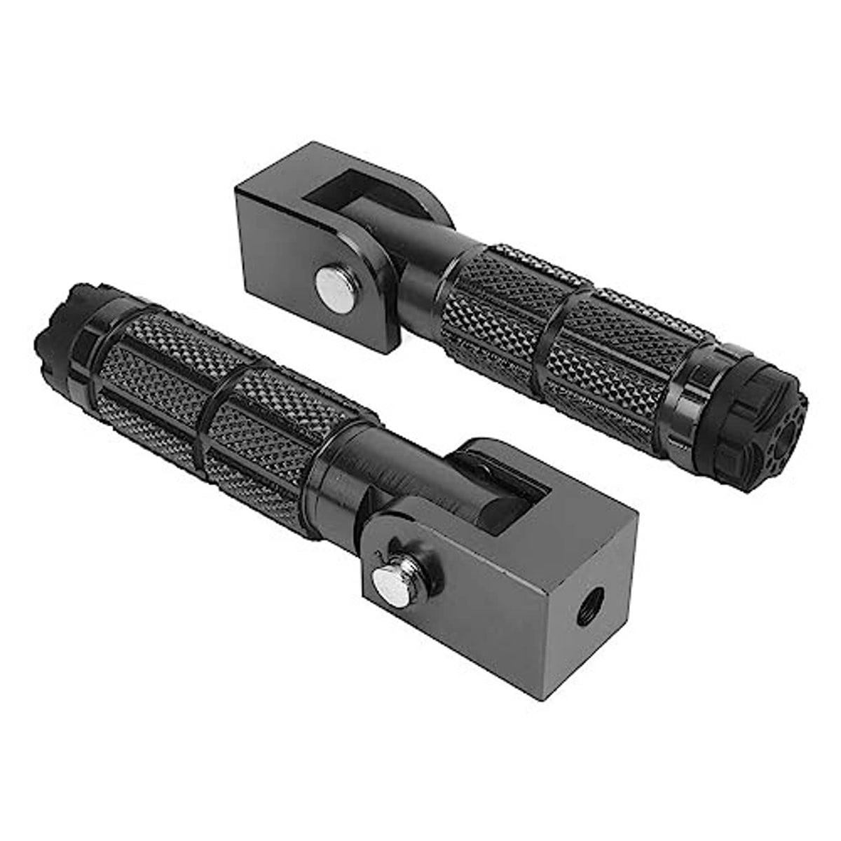 Pair of foldable bike foot pegs with knurled grip texture and black mounting brackets