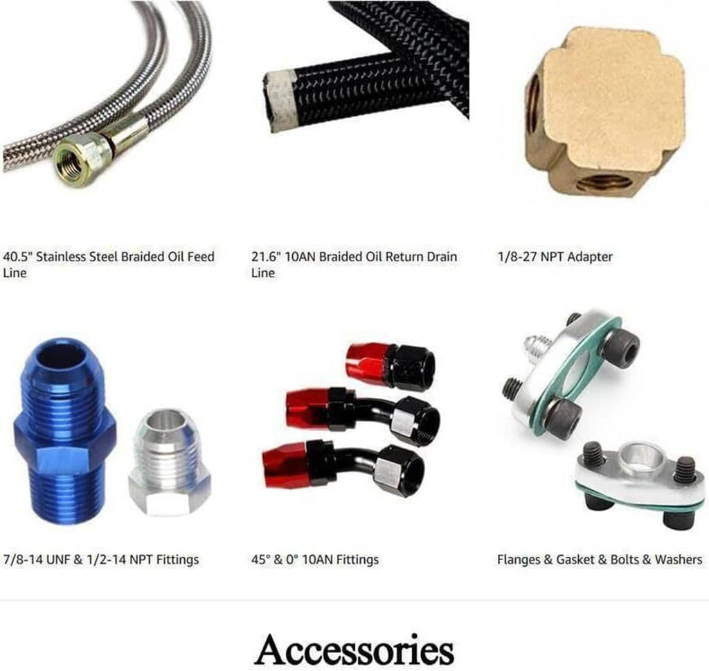 Oil feed and drain fitting kit with adapters, braided lines, and flanges