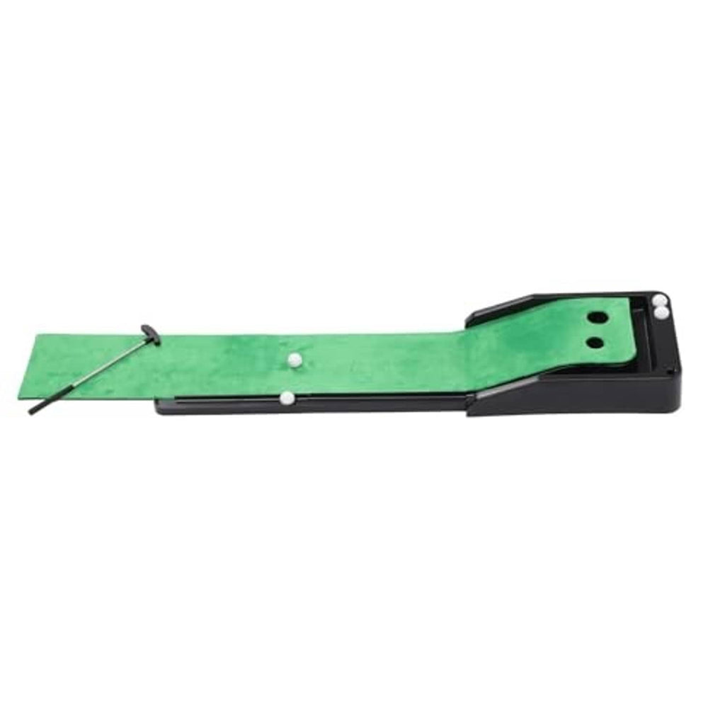 Automatic return putting mat long side view with green velvet surface