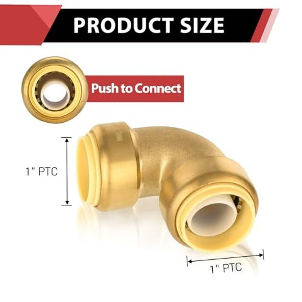 Brass push-to-connect elbow fitting with two 1-inch PTC push ports