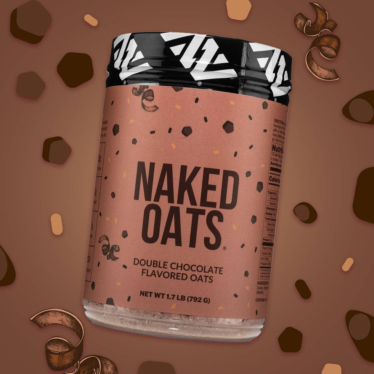 Naked Oats Double Chocolate oats powder tub surrounded by cocoa bean illustrations