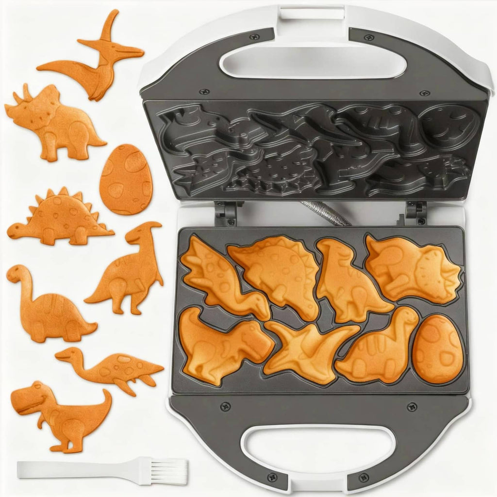 White dinosaur mini waffle maker with open lid and etched dinosaur cooking plates