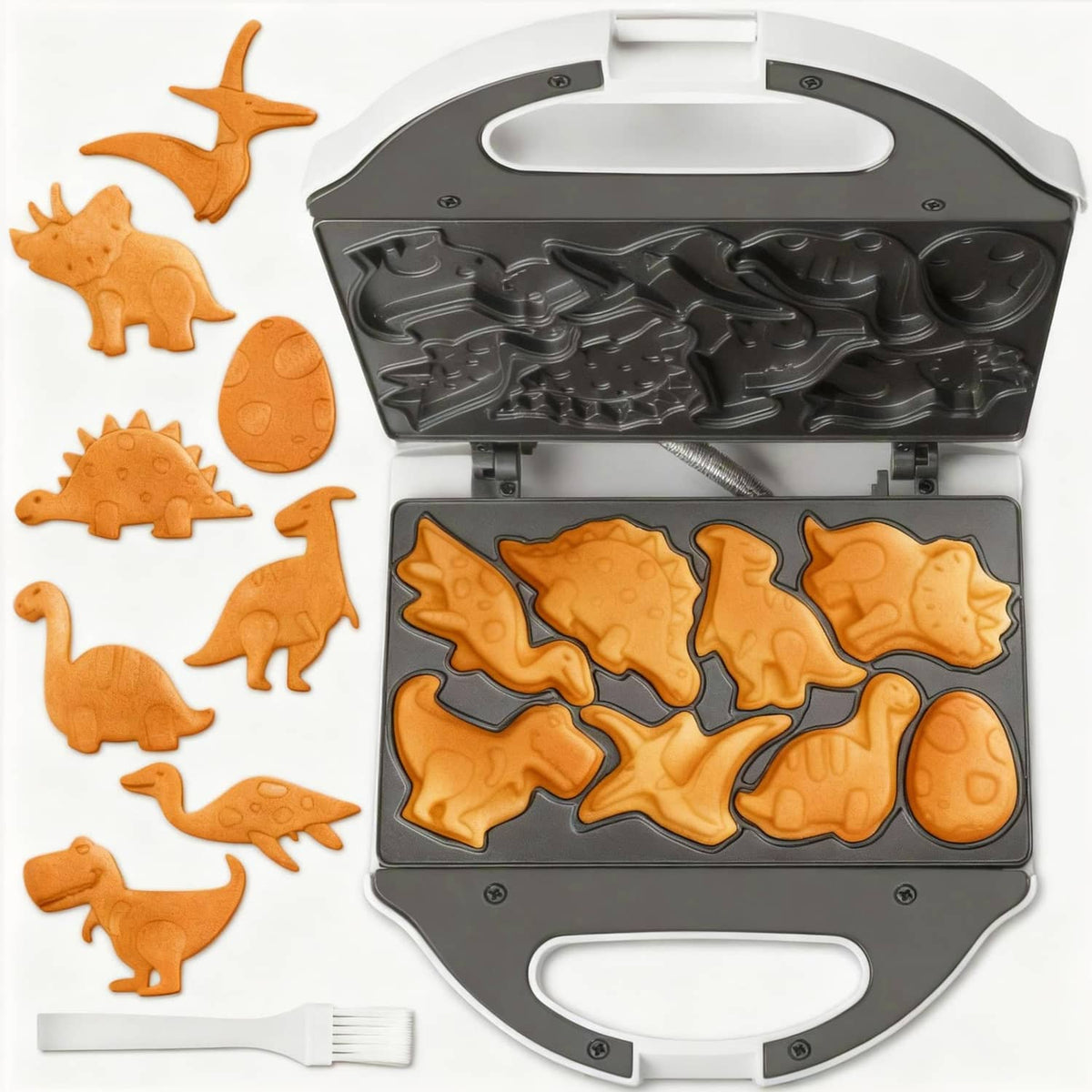 White dinosaur mini waffle maker with open lid and etched dinosaur cooking plates