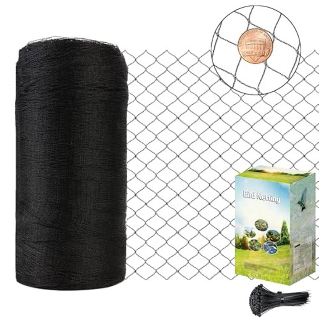 Black bird netting roll with diamond mesh panel and stake bundle for garden protection