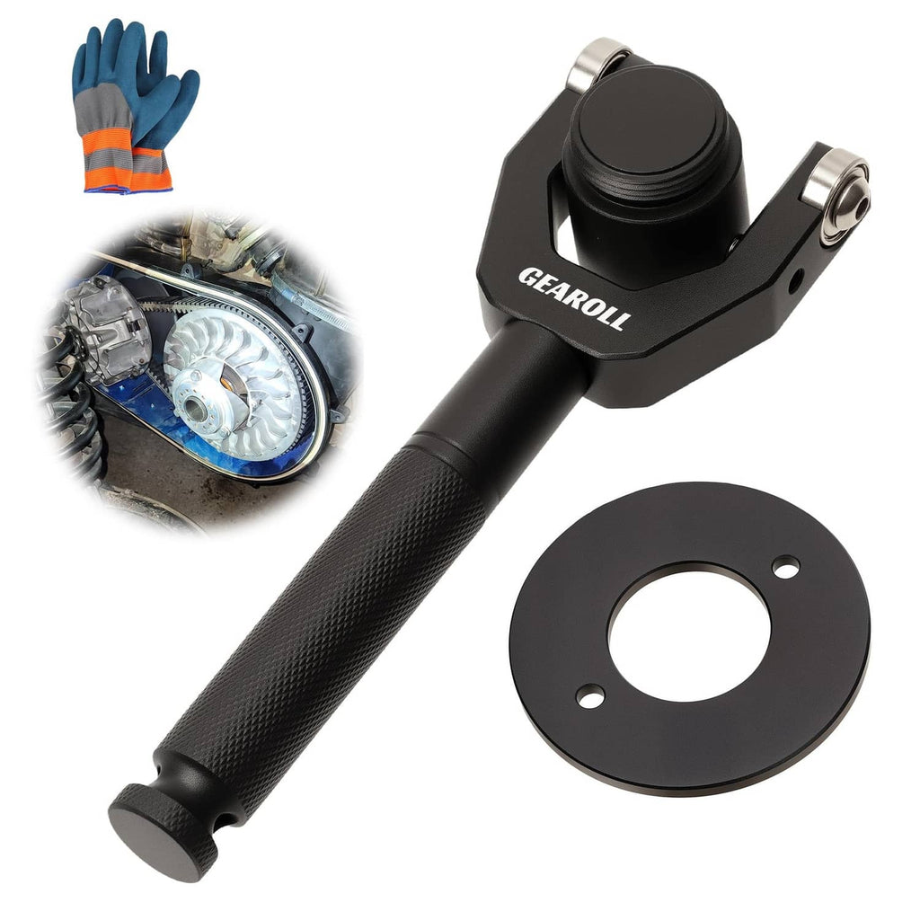 Black belt changing clutch removal tool with handle and circular adapter plate