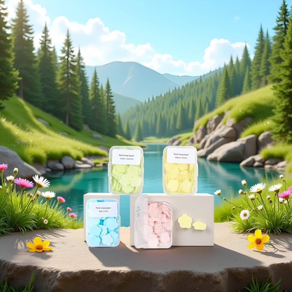 Packaged petal soap paper containers with pastel green and pink sheets