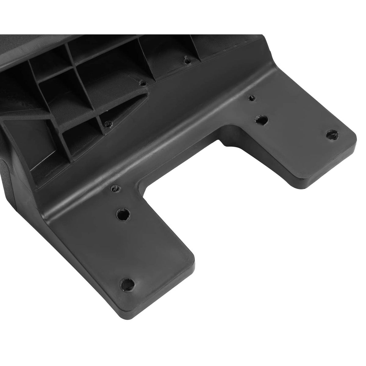 Black molded hip restraint bracket with rounded corners and four mounting holes.
