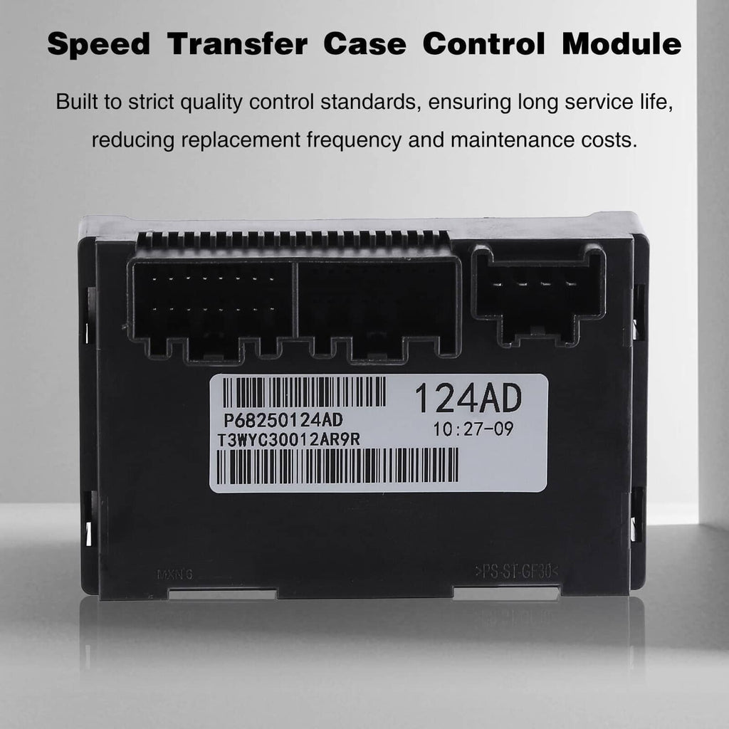 Transfer case control module front view with barcode label and top port, black plastic