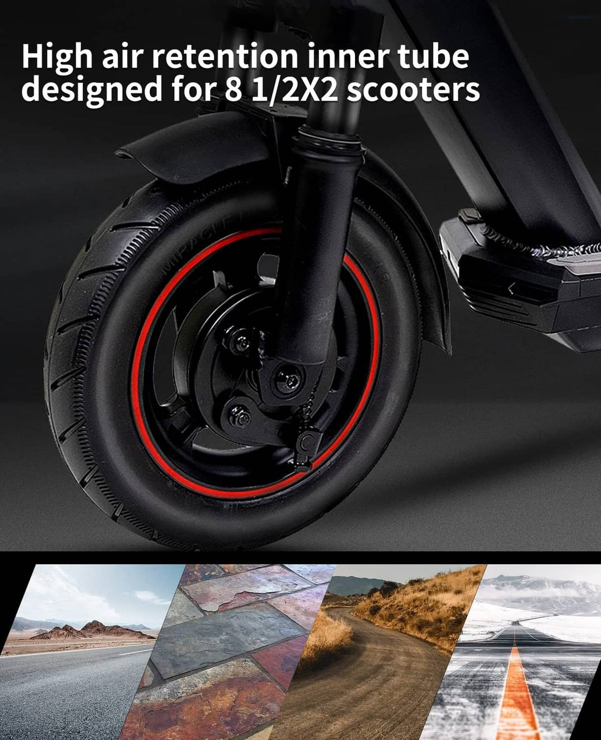 Black scooter inner tube near wheel hub, valve stem visible