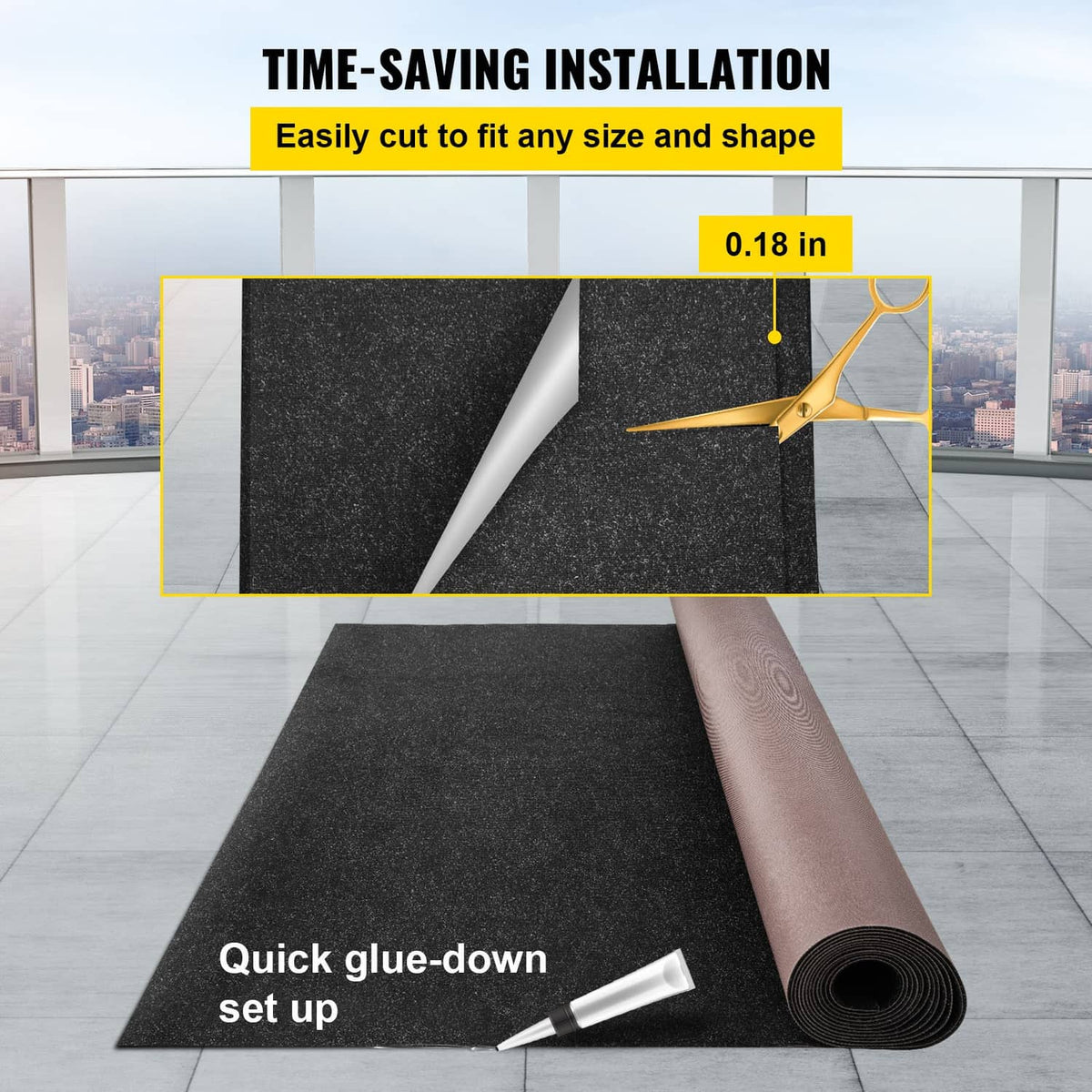 Charcoal black marine carpet mat with rolled edge and adhesive application