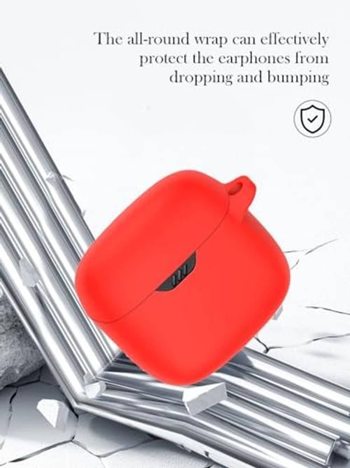 Red silicone wireless earbuds case with protective lid and hanging loop