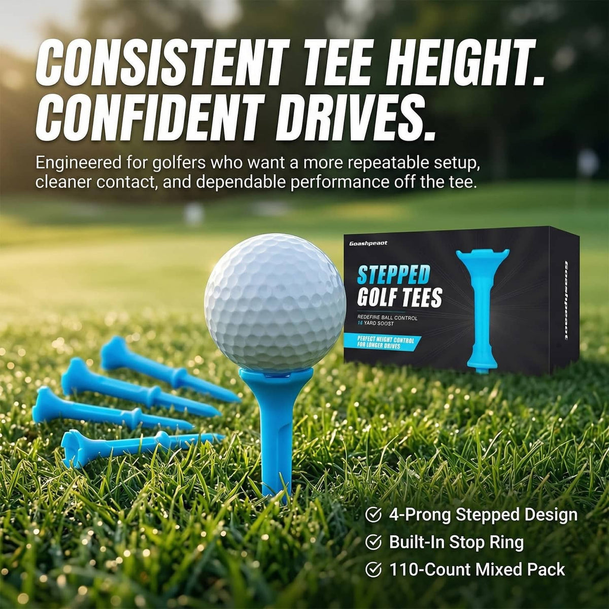 Blue stepped golf tees with 4-prong design and built-in stop ring, 110-count pack