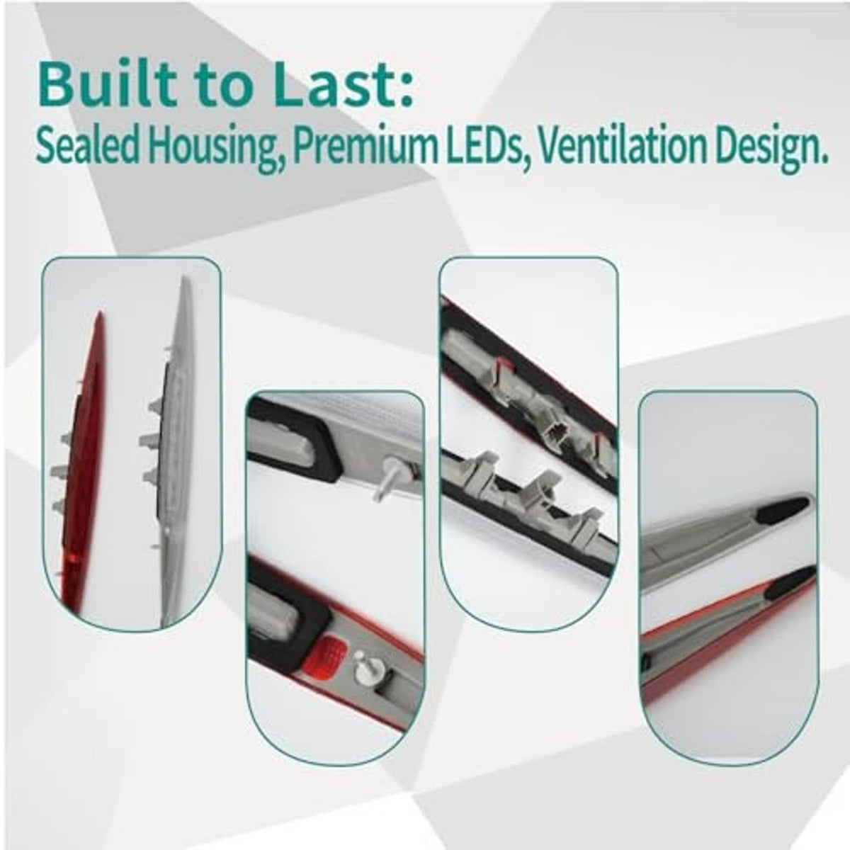 LED third brake light with sealed housing and vented LED lens, shown in detail.