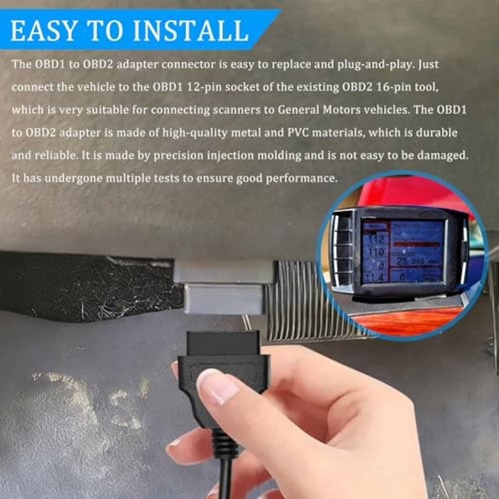 OBD1-to-OBD2 adapter cable plugged into a vehicle diagnostic port