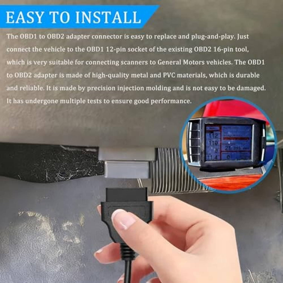 OBD1-to-OBD2 adapter cable plugged into a vehicle diagnostic port