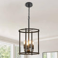 Matte black 4-light chandelier with round metal cage and hanging chain, candle bulbs