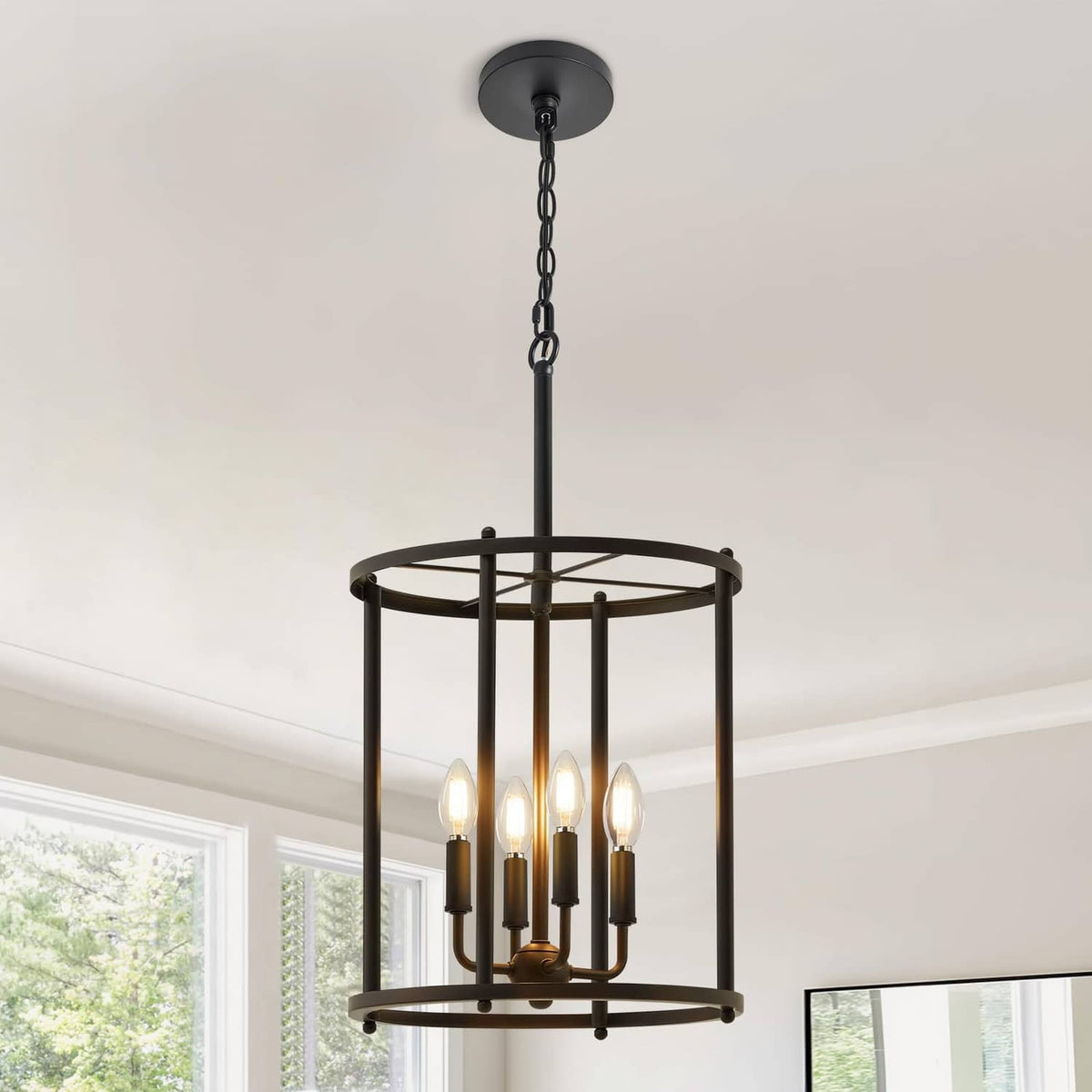 Matte black 4-light chandelier with round metal cage and hanging chain, candle bulbs
