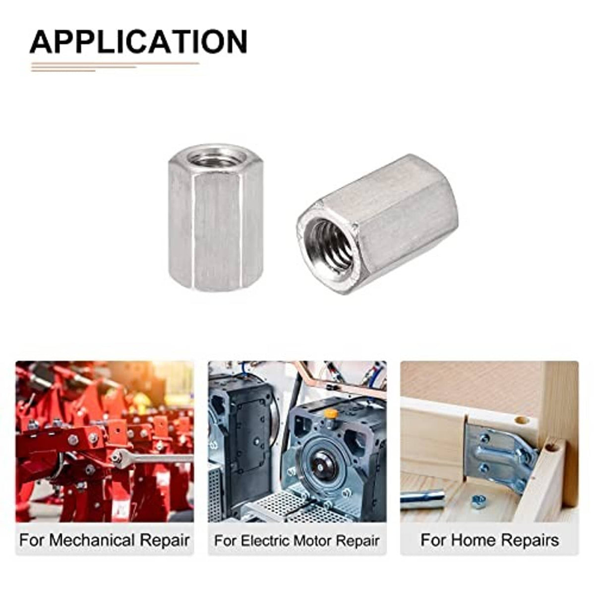 Hex coupling nuts pair, silver steel hex body with threaded insert