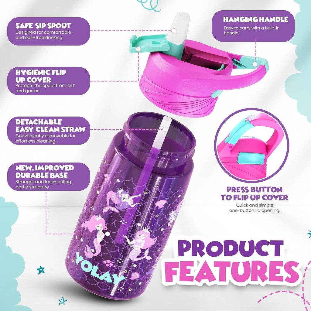 Purple kids water bottle angled view, pink flip lid, teal handle, straw spout