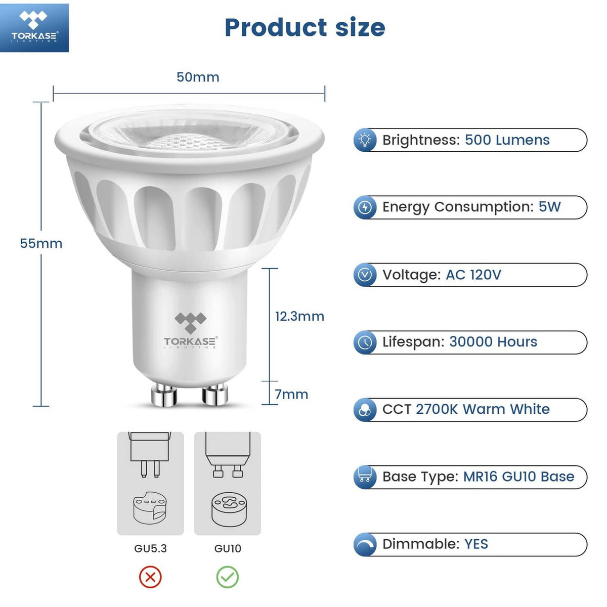 White GU10 LED bulb with MR16 base, 2700K warm white, 500 lumens, 5W, dimmable
