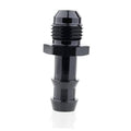 Black aluminum flare-to-barb adapter, 6AN male to 3/8 hose barb