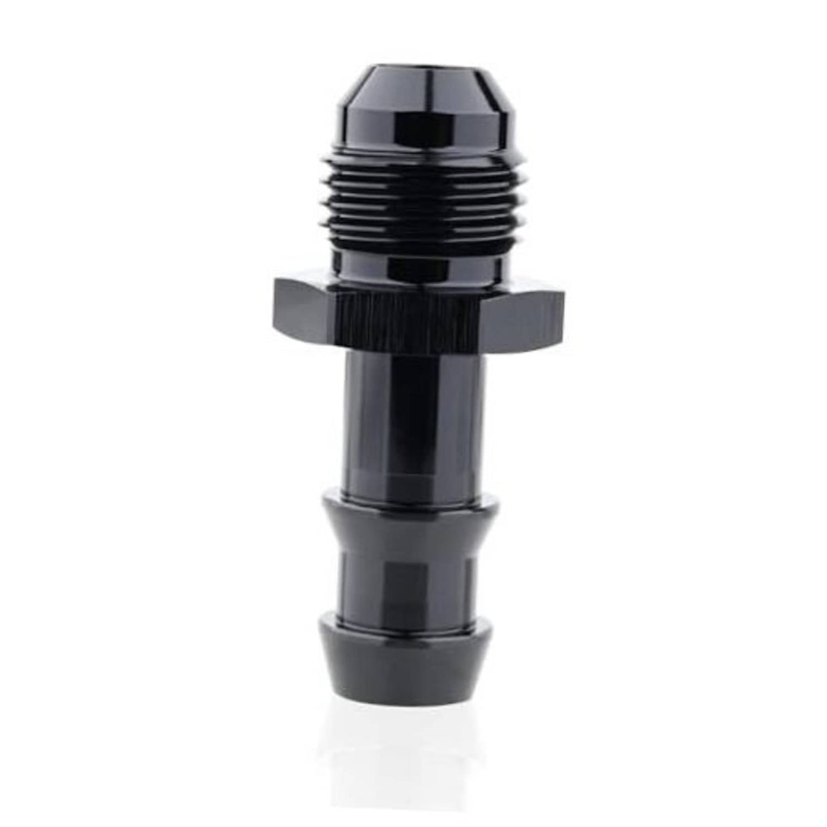 Black aluminum flare-to-barb adapter, 6AN male to 3/8 hose barb