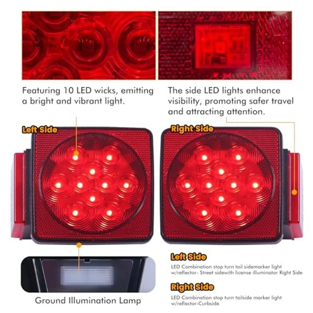 LED trailer tail light with red lens and integrated side marker lights, mounting views
