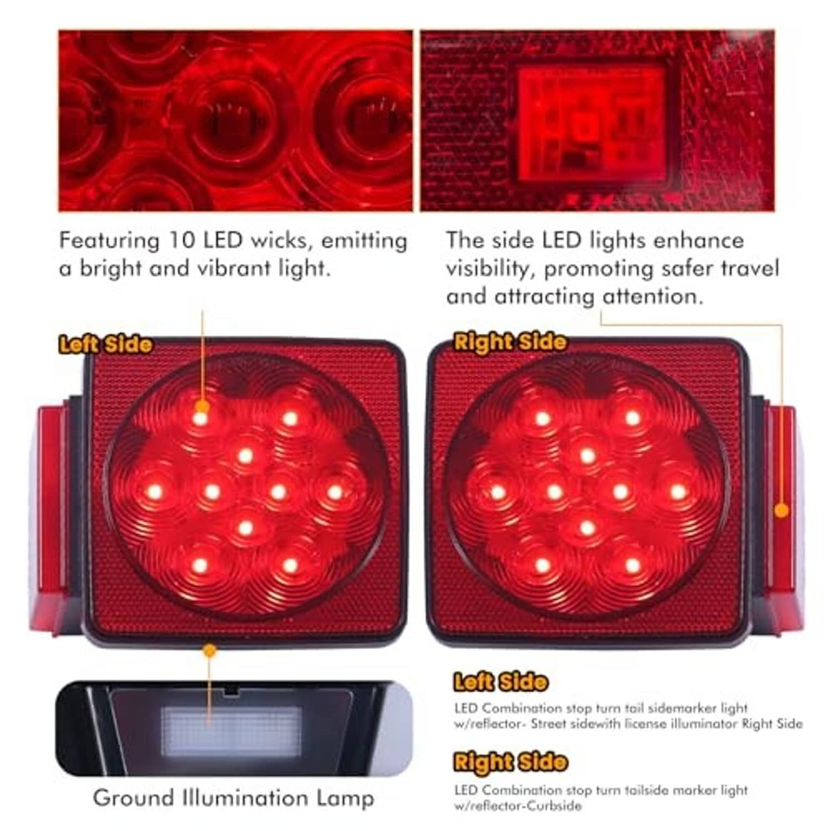 LED trailer tail light with red lens and integrated side marker lights, mounting views