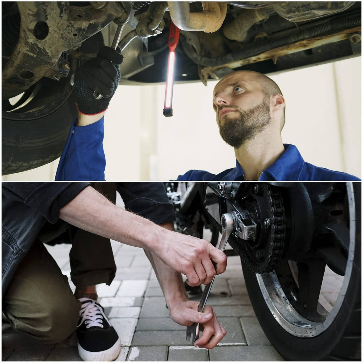 Mechanic using a 6mm ratcheting wrench under a vehicle, flex head visible, silver