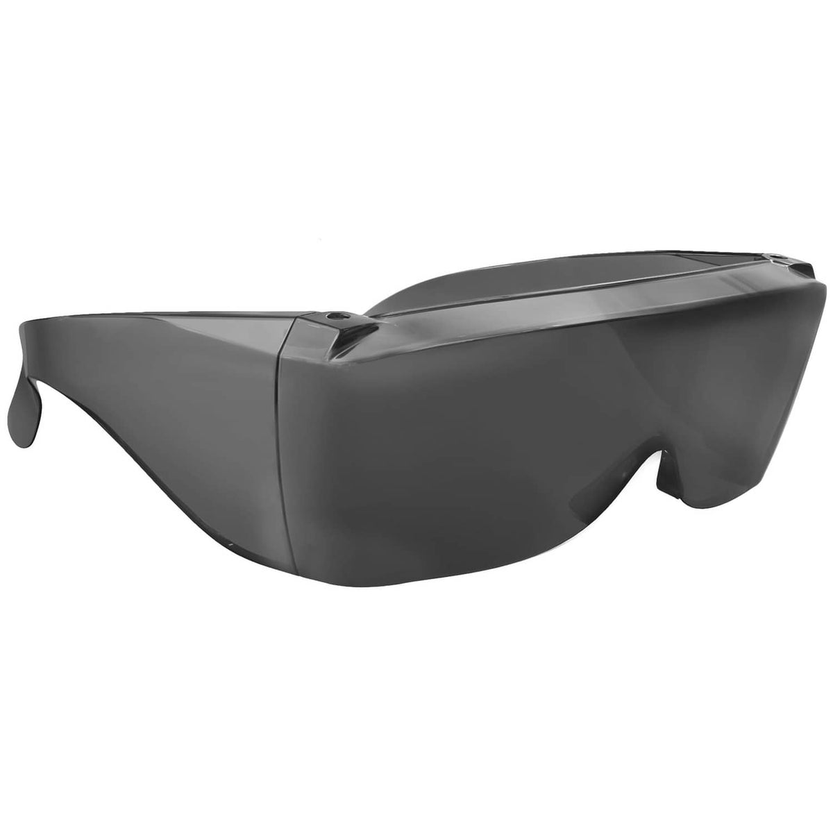 Black wrap-around sunglasses cover-up with tinted lens, angled side view.
