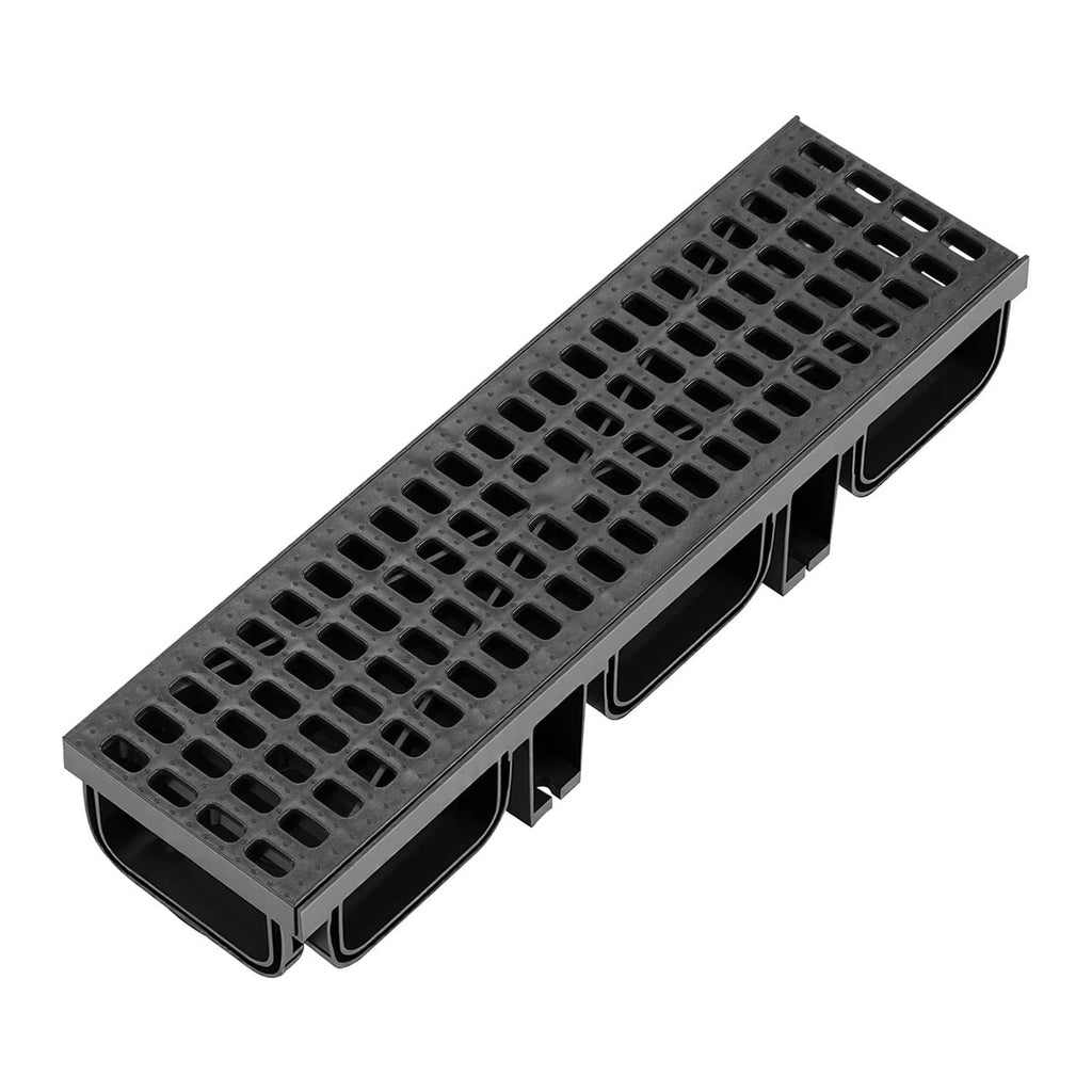 Black linear drainage channel with slotted grate top and side openings