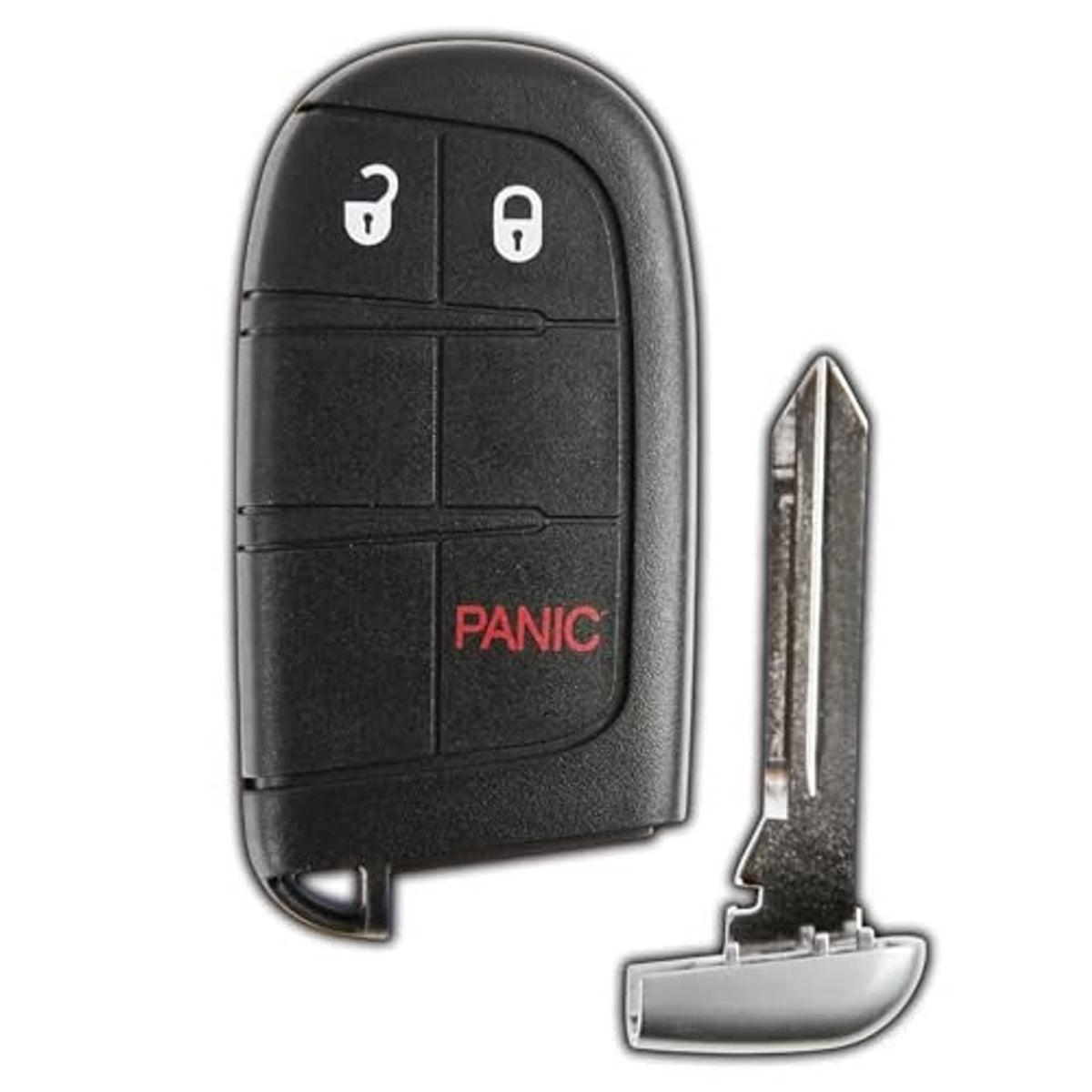 Black key fob with lock and unlock buttons, red panic label, and metal key blade