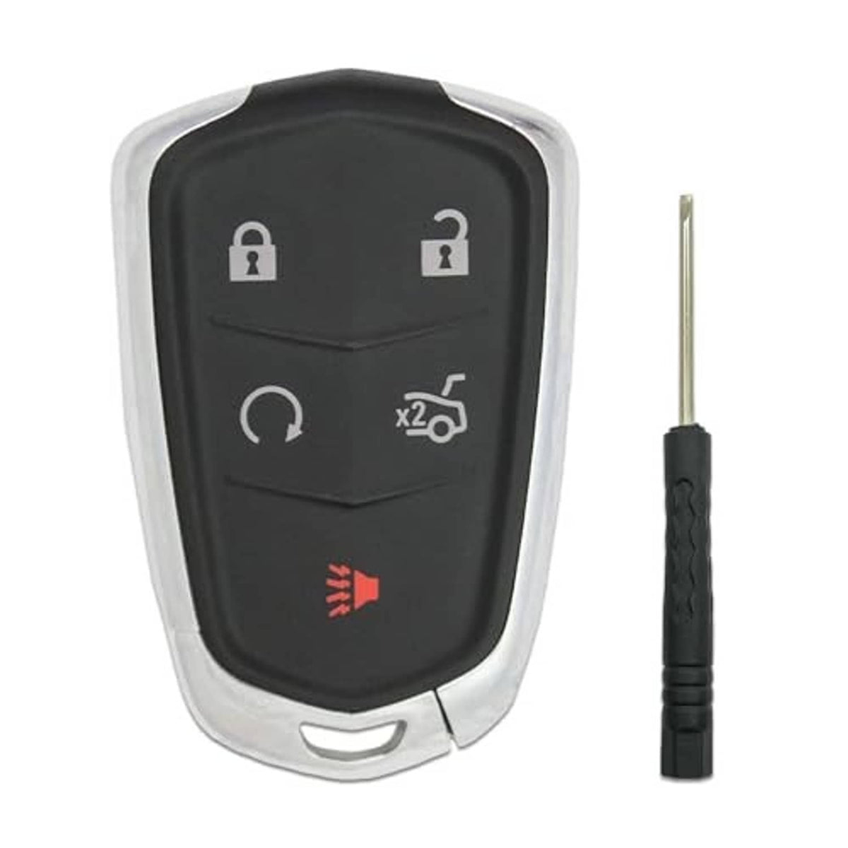 Black key fob cover replacement with lock, unlock, and trunk button symbols; includes key blade