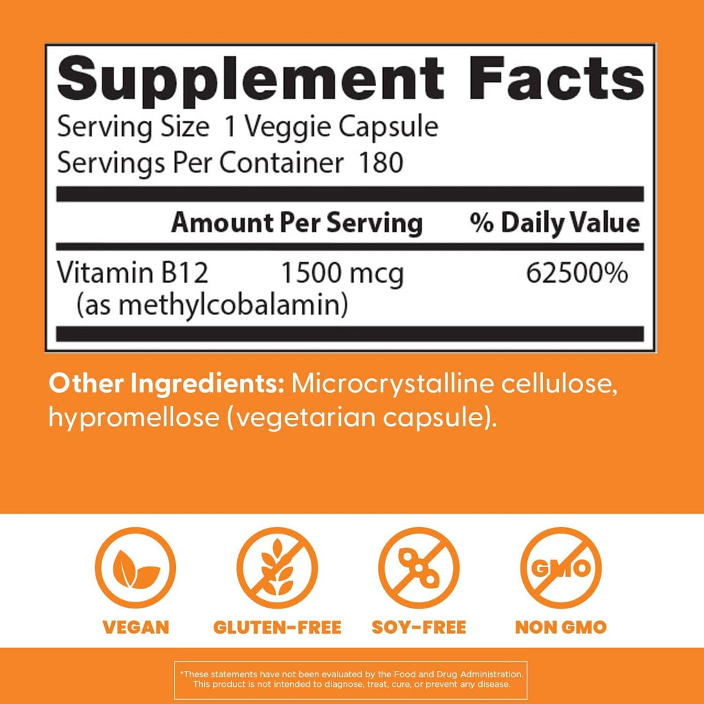 Supplement Facts panel showing Vitamin B12 1500 mcg as methylcobalamin