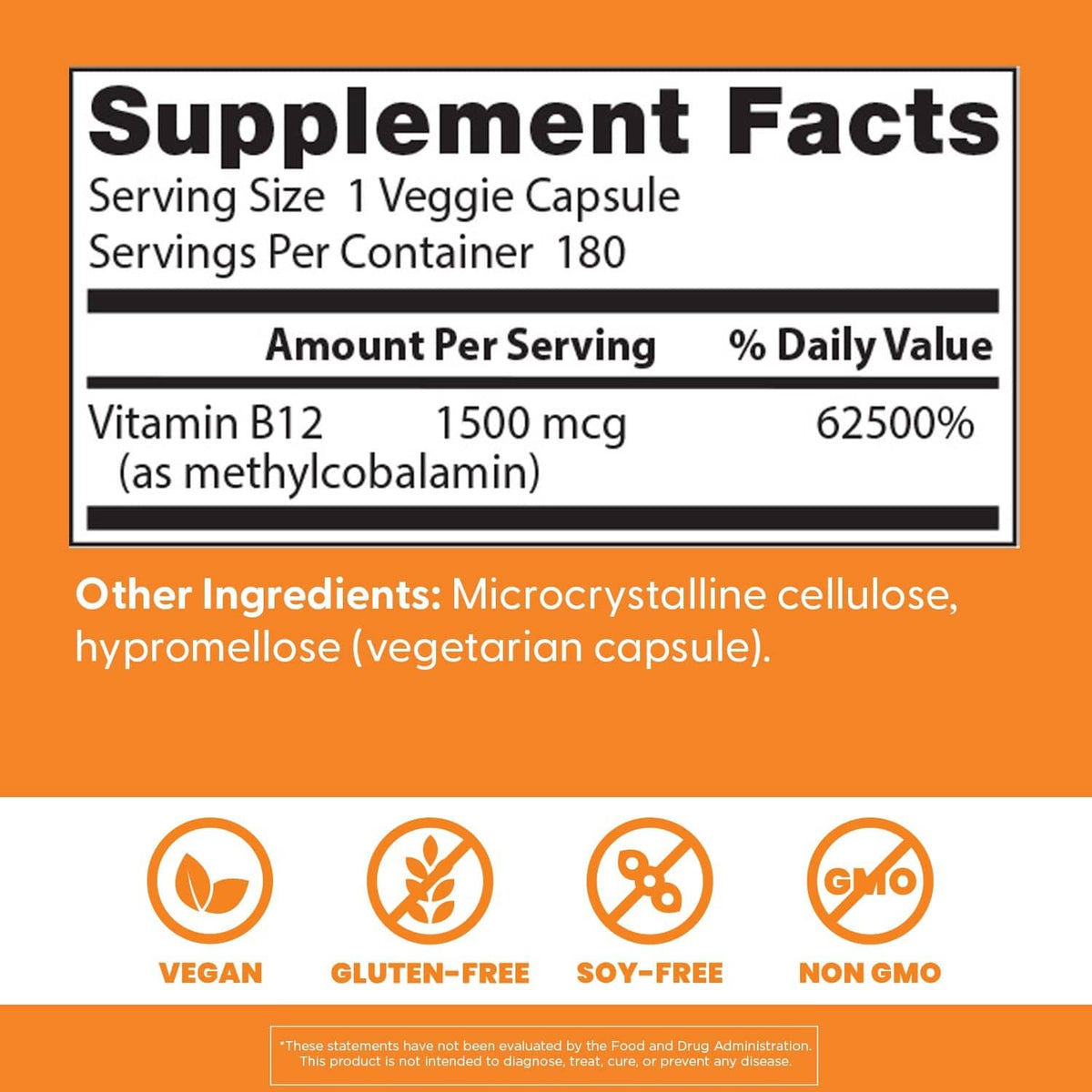 Supplement Facts panel showing Vitamin B12 1500 mcg as methylcobalamin