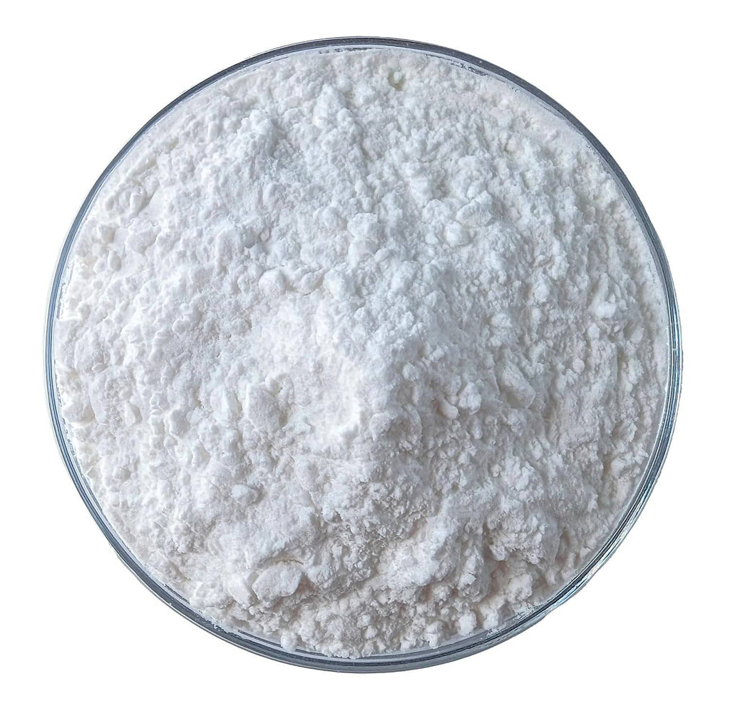 Round glass dish of fine white potato starch powder.