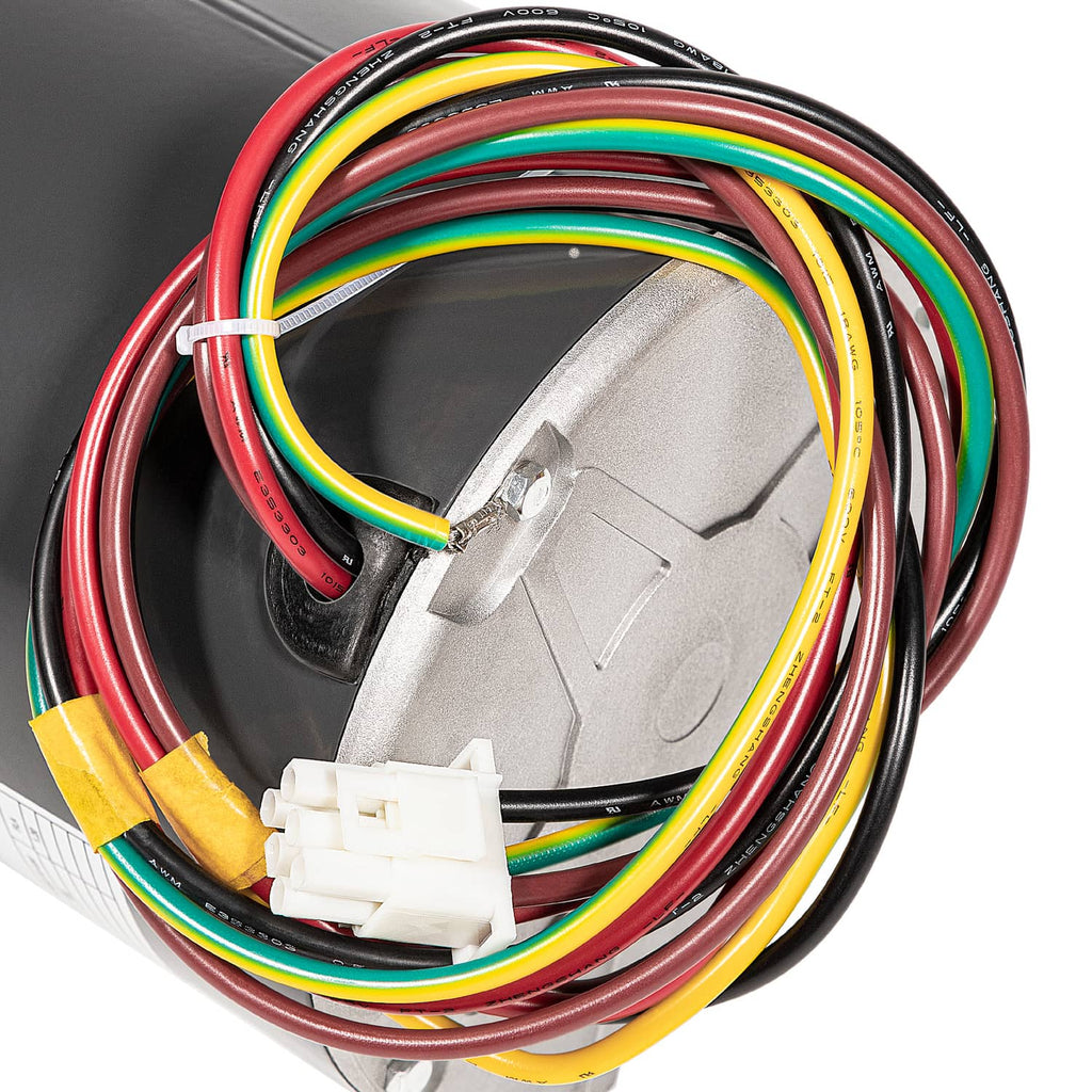 Condenser fan motor close-up of multicolor wire bundle and white connector plug
