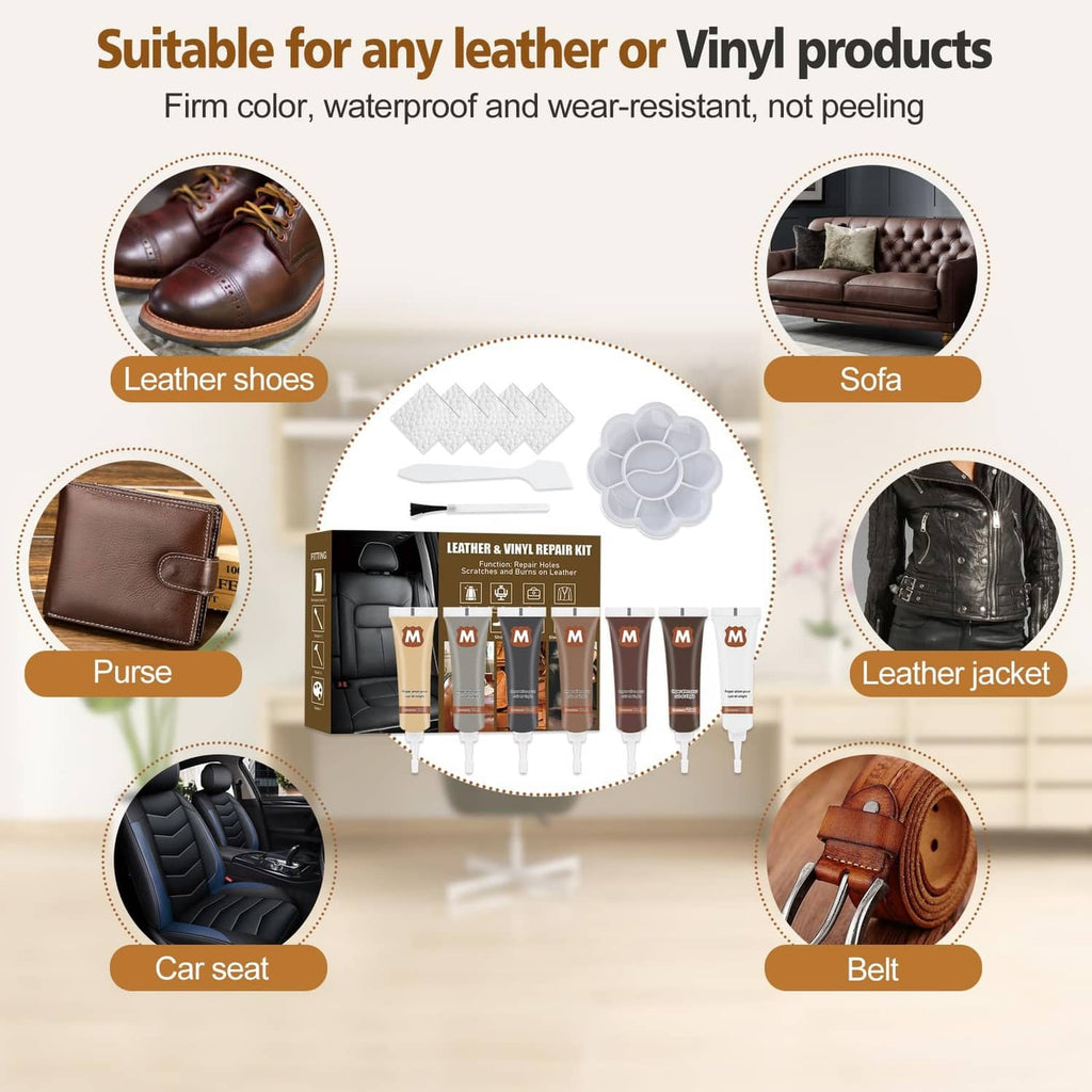 Leather and vinyl repair kit accessories shown for shoes, sofa, purse, jacket, and belt