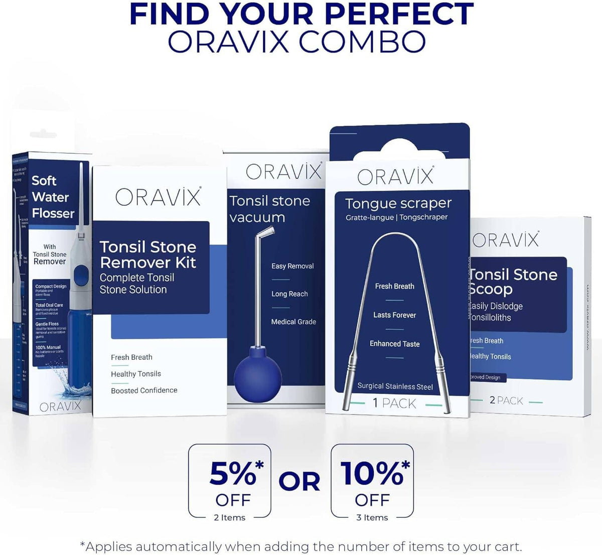 ORAVIX combo set retail boxes: water flosser, tongue scraper, and tonsil products