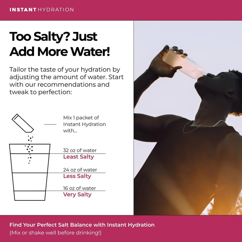 Lychee electrolyte drink mix packet with water-adjustment instructions