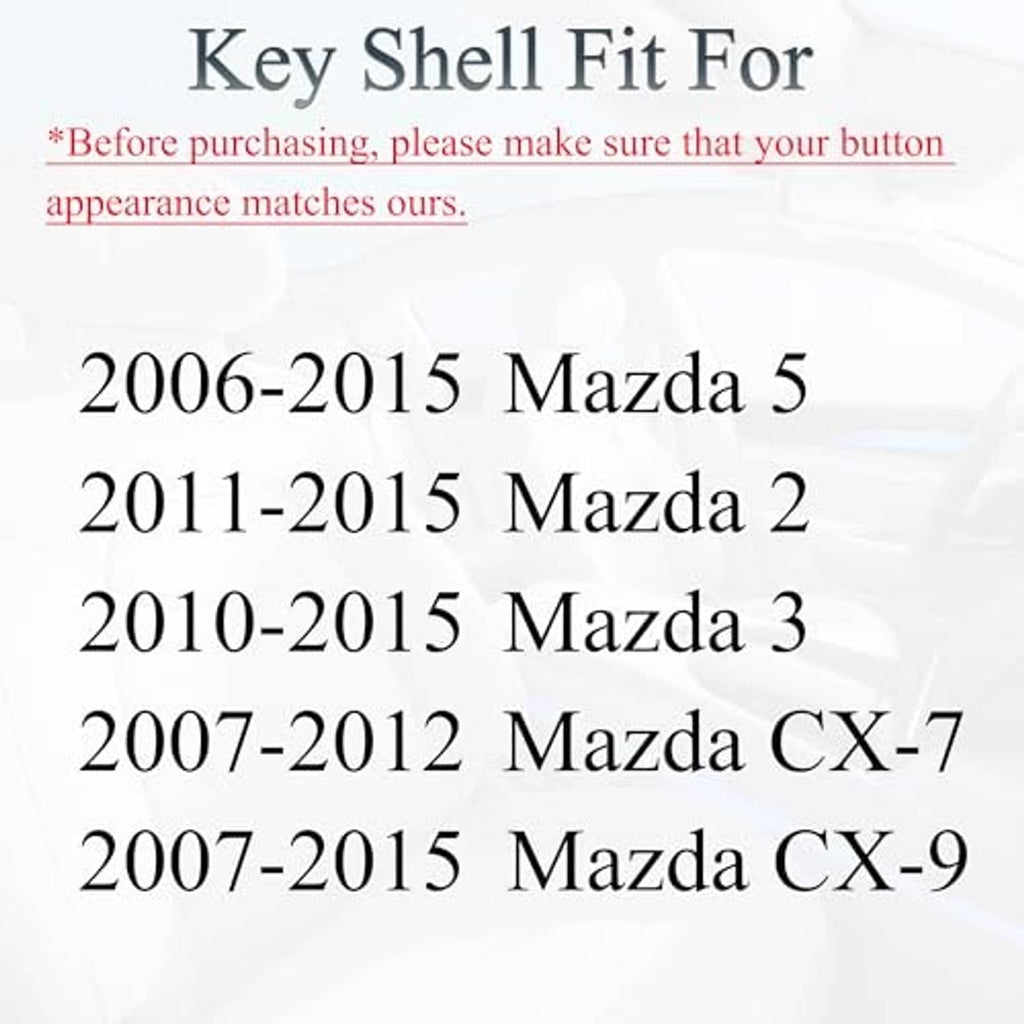 Key shell fit graphic listing model years and Mazda models; key shell shown in the background