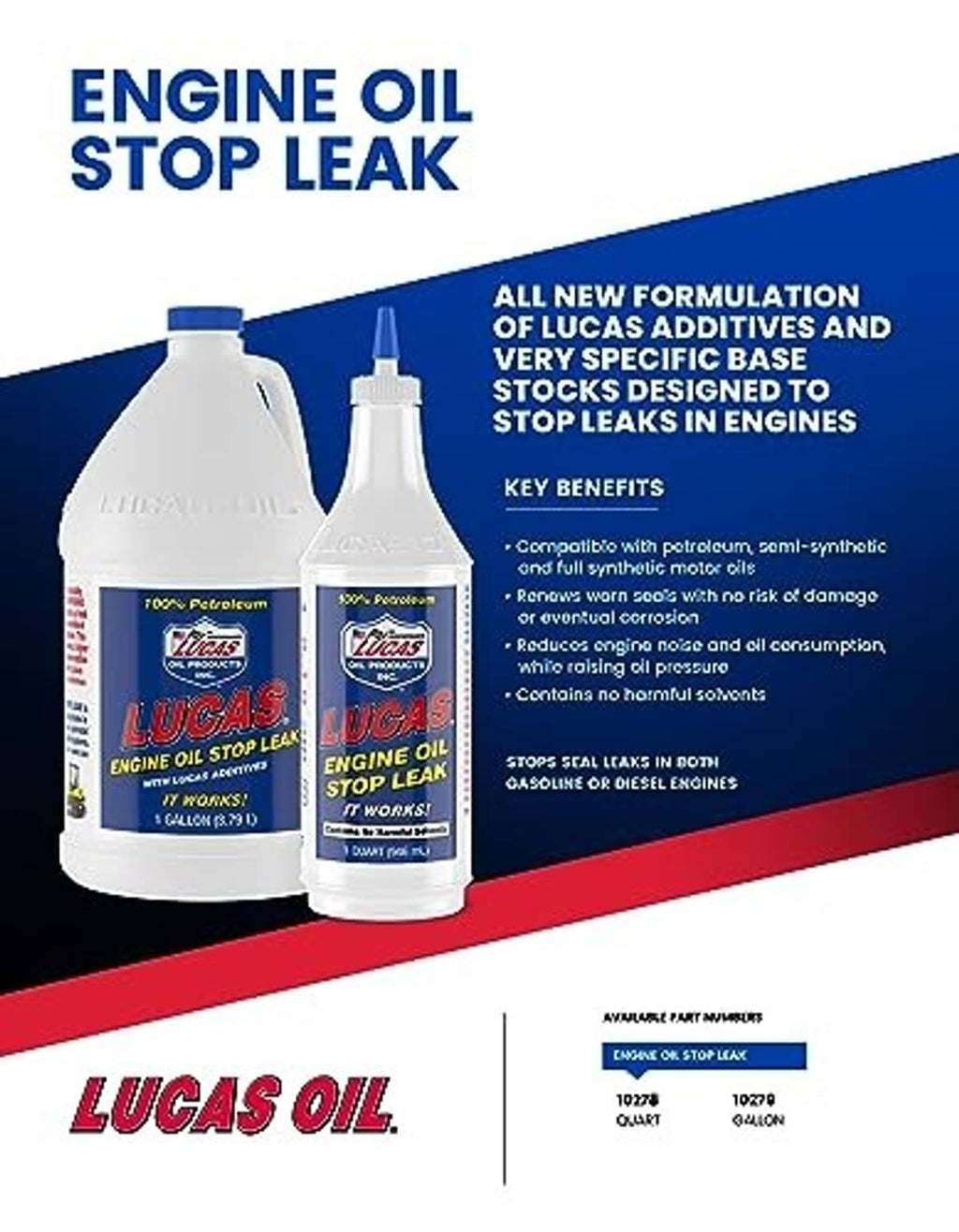 Lucas Oil engine oil stop leak promotional graphic with large and small bottles