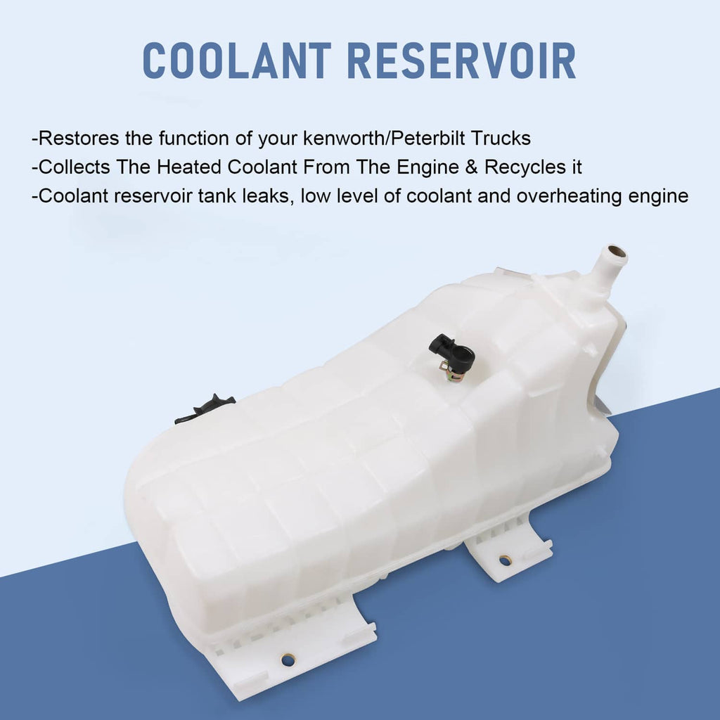 Coolant reservoir bottle tank, white plastic with outlet spout and mounted sensor