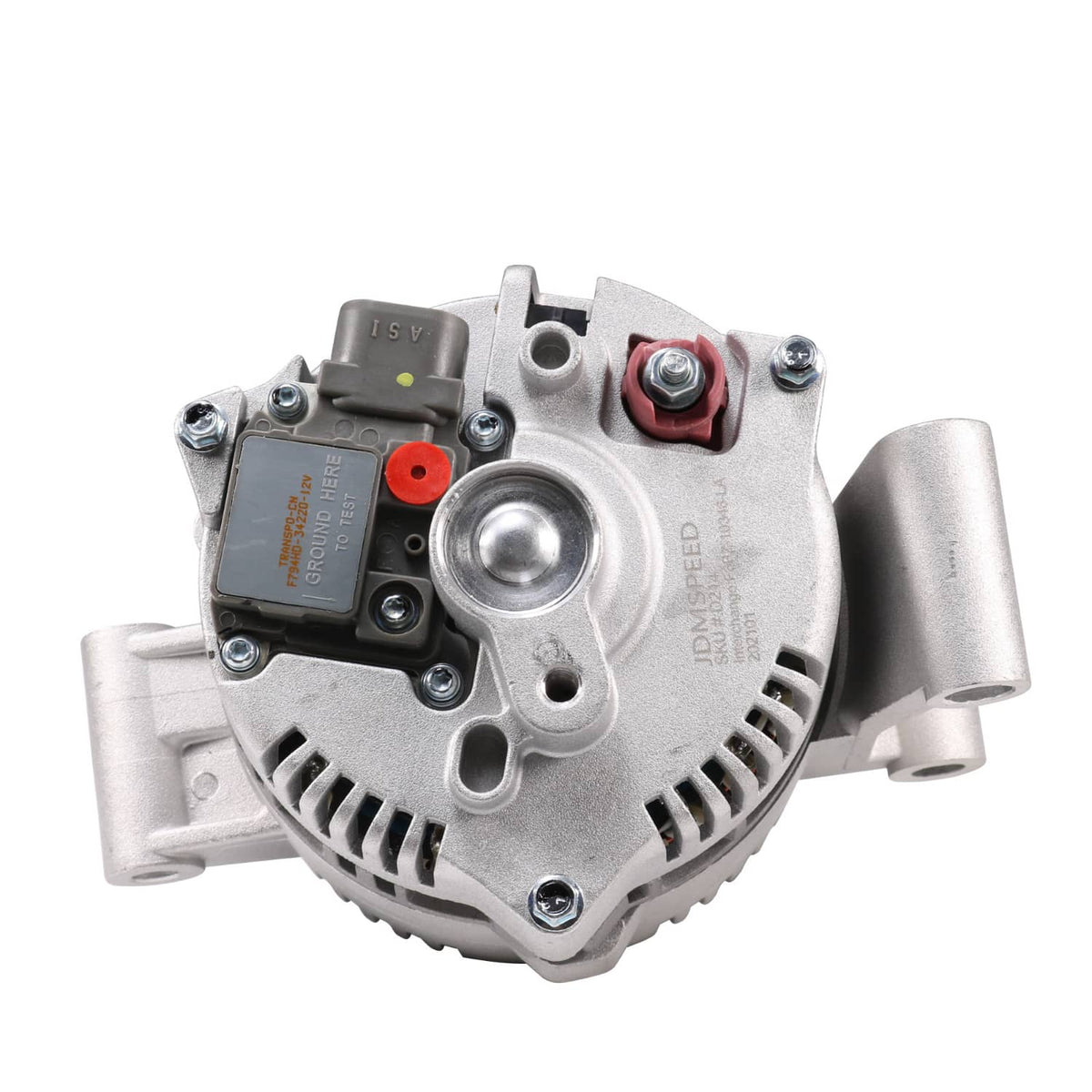 Silver alternator showing regulator module, red terminal posts, and vented housing