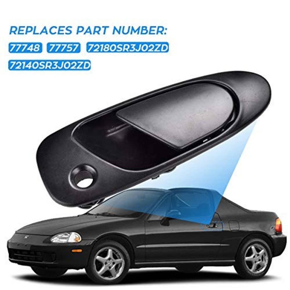 Black exterior door handle with keyhole opening and mounting points, angled view