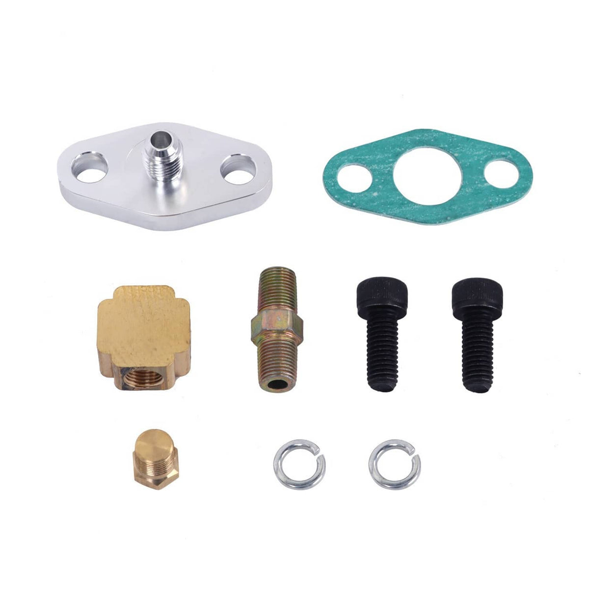 Turbo oil feed line kit components: flange plate, gasket, brass adapters, black bolts, washers