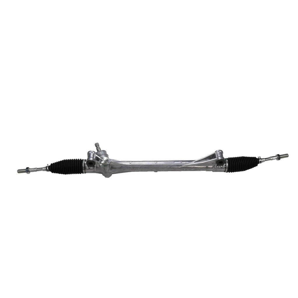 Power steering rack and pinion with black rubber boots and two rod ends.