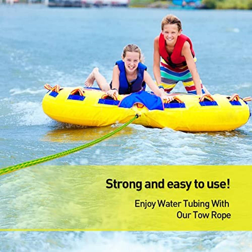 Bright green tow rope attached to yellow water tubing raft with riders