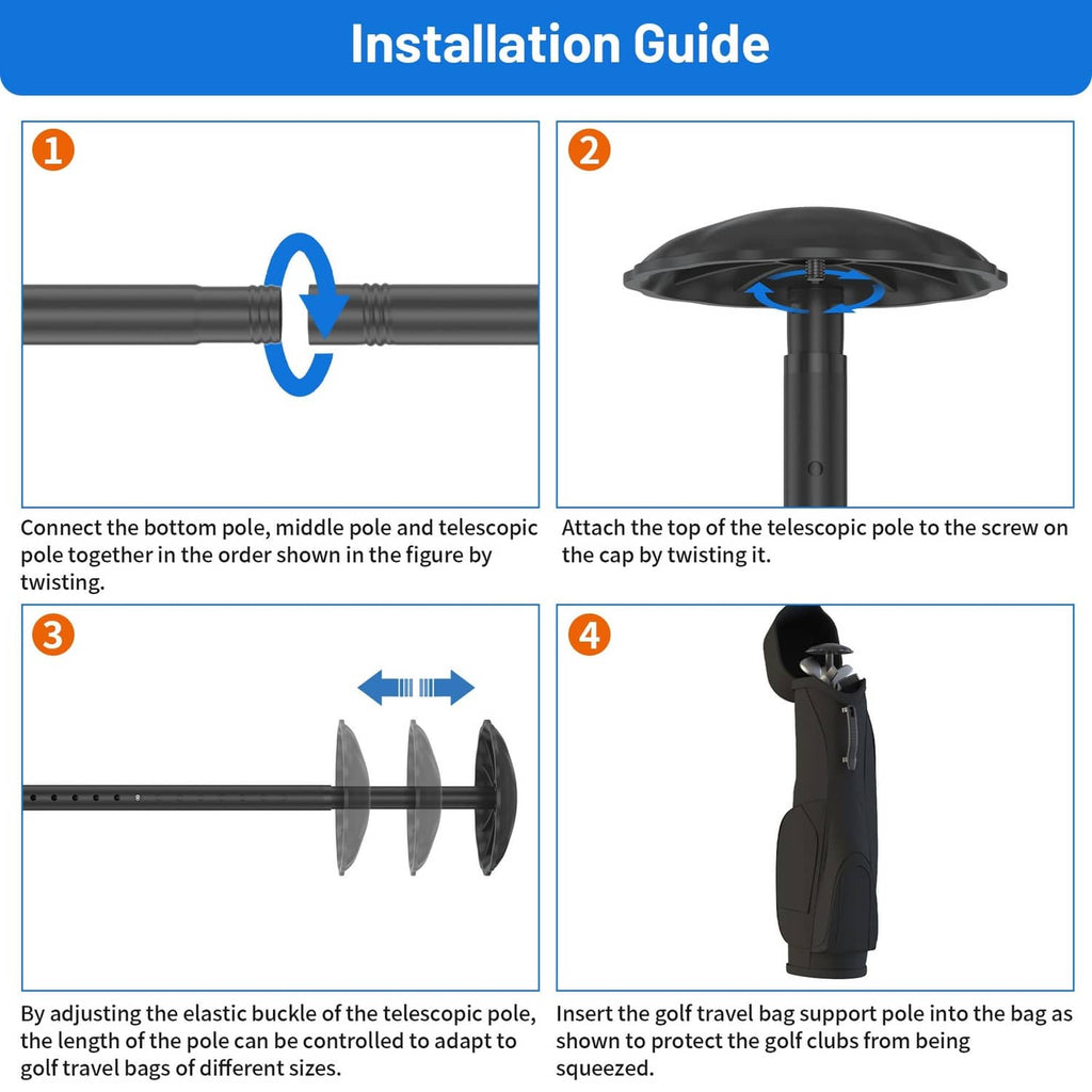 Golf travel bag support pole installation shows cap and elastic buckle parts